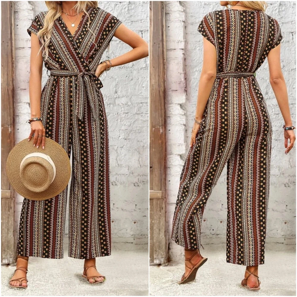 Boho Floral Print Surplice Belted Wide Leg Jumpsuit - Picture 2 of 3